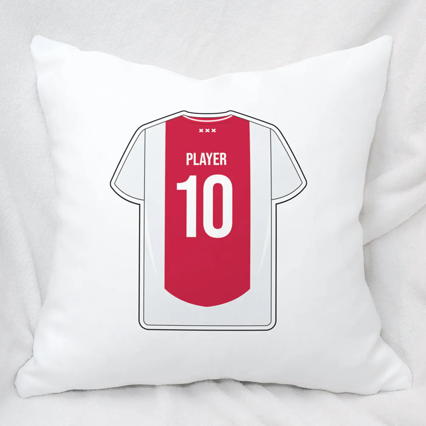 Wit sierkussen met print van de achterkant van ajax voetbalshirt met rood-witte strepen en nummer 10, amsterdam voetbal kussen
