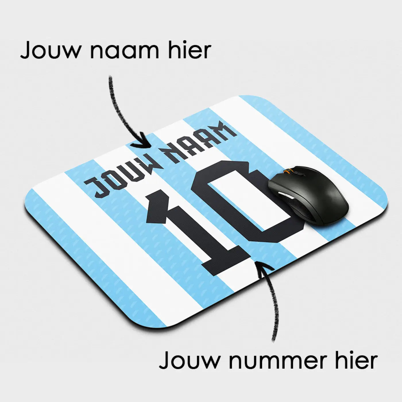 Blauwe en witte gestreepte argentinië voetbal muismat met aanpasbaar ontwerp en zwarte naam en nummer 10