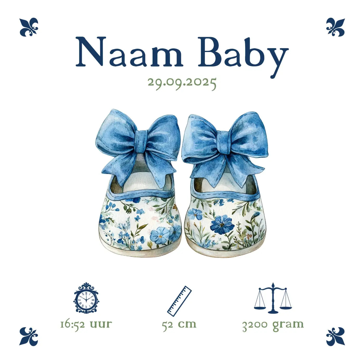 Baby tegeltje blauw schoentjes met blauw bloemenpatroon op wit stof en grote blauwe strikken