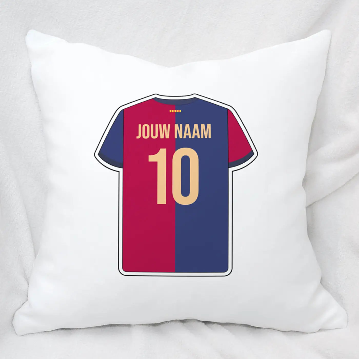 Wit werpkussen met print van roodblauw gestreept fc barcelona voetbalshirt met gouden naam jouw naam en nummer 10