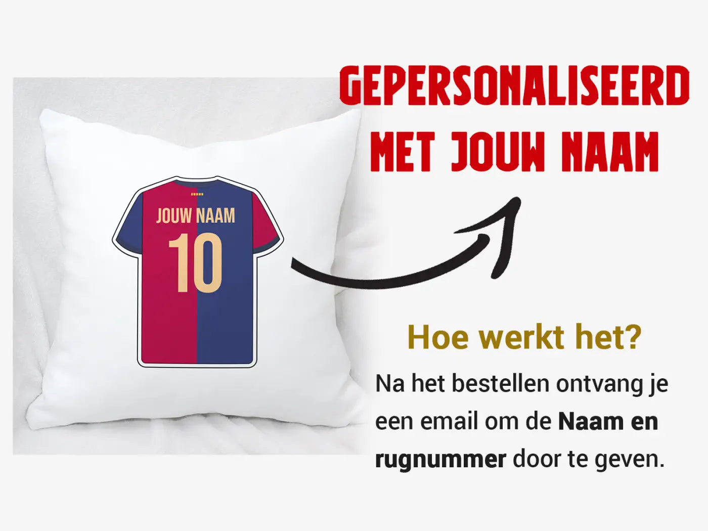 Wit kussen met bedrukking van een rood-blauw gestreept voetbalshirt nummer 10 en gouden tekst jouw naam