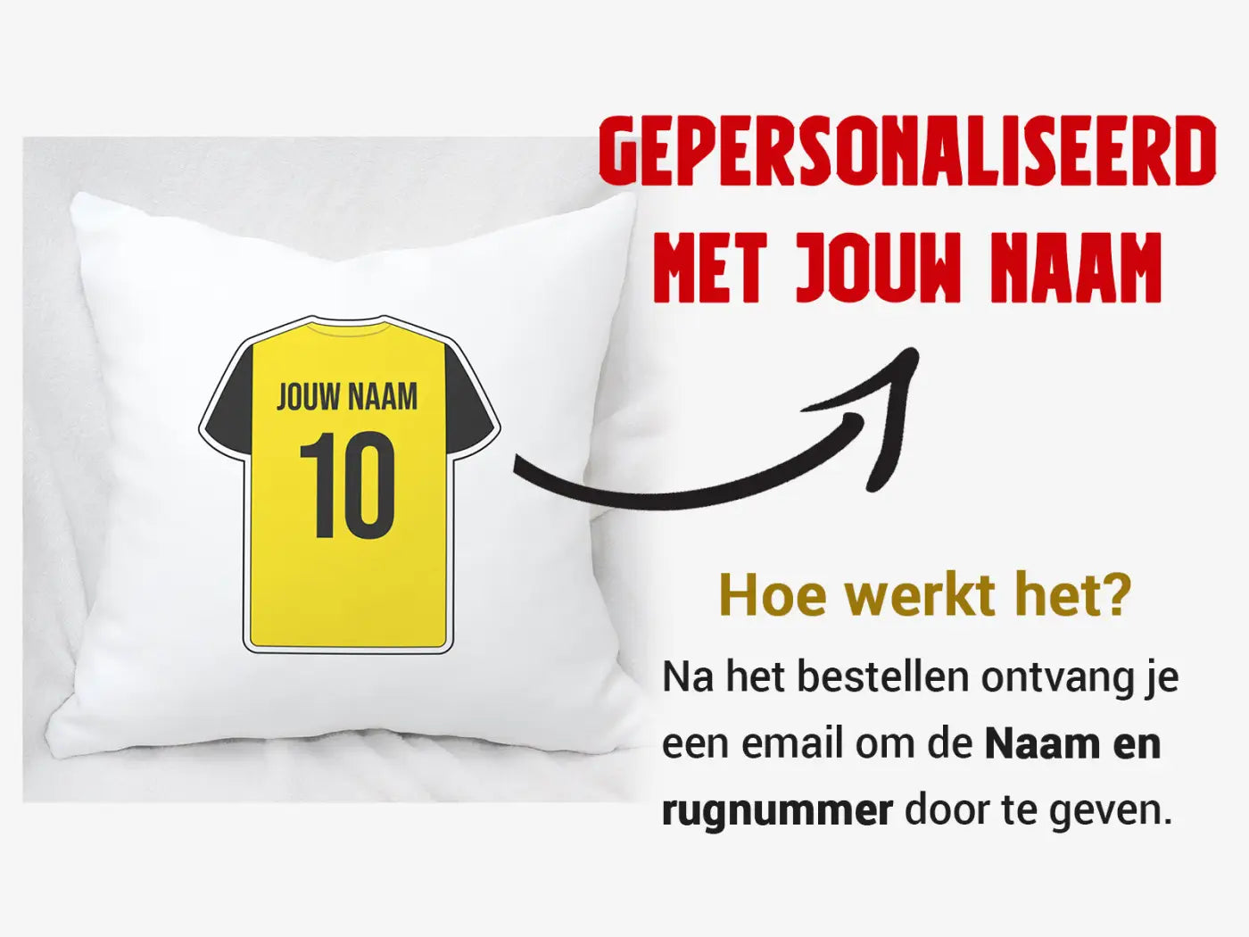 Wit kussen met bedrukte gele voetbalshirt met zwarte mouwen en nummer 10 persoonlijk aanpasbaar voor breda voetbal
