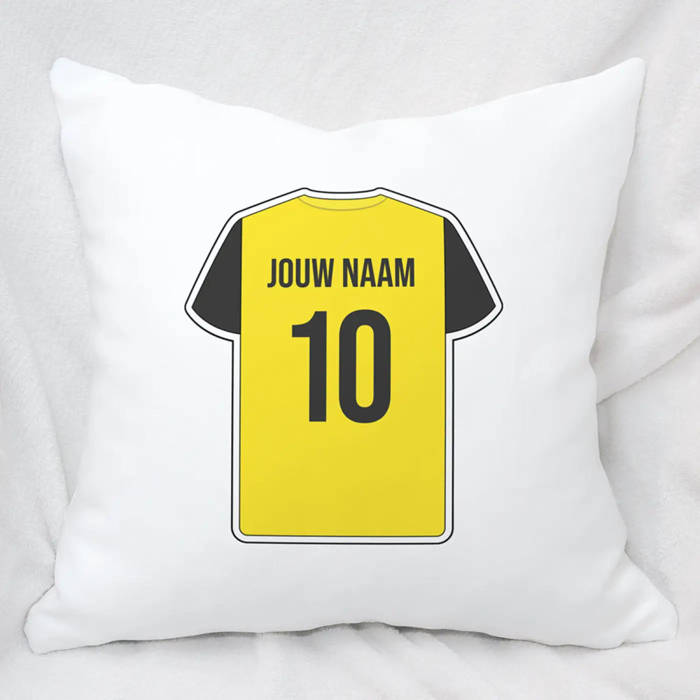 Wit Breda voetbal kussen met print van geel zwart voetbalshirt en tekst jouw naam boven nummer 10