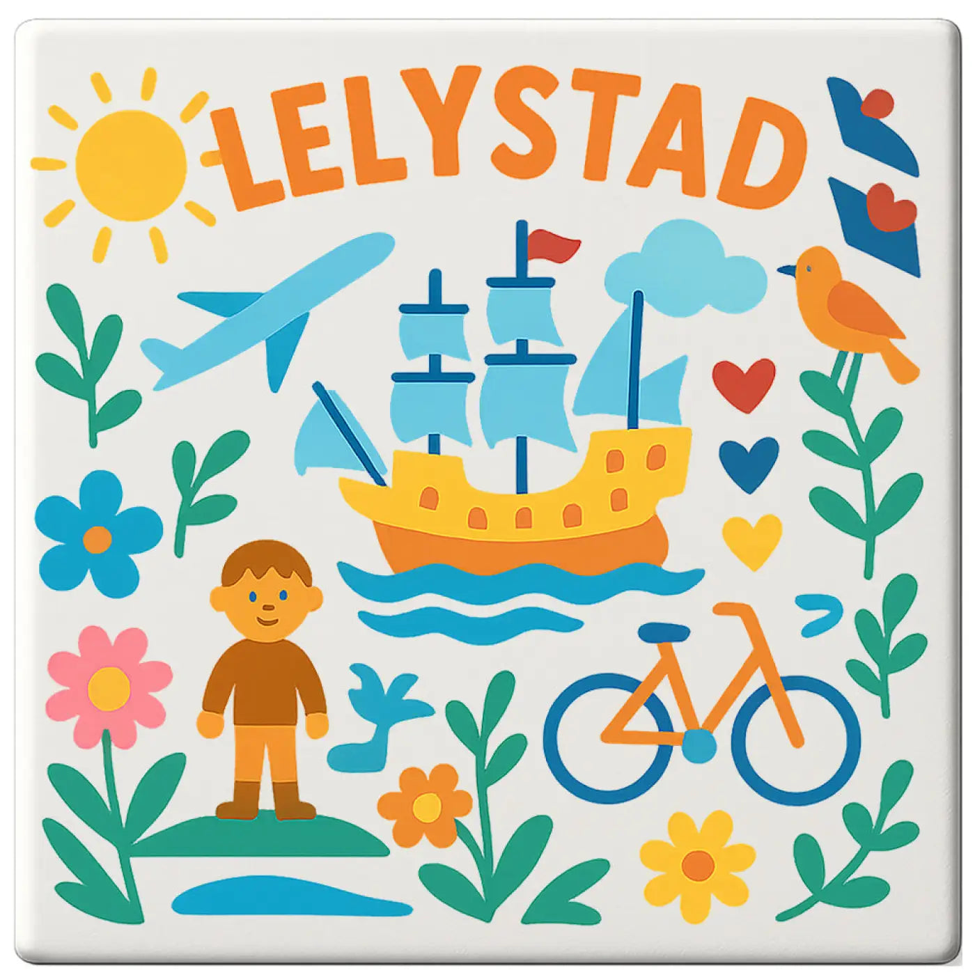 Wit keramische onderzetter met kleurrijke illustratie van lelystad en oranje letters in lelystad cadeau tegeltje