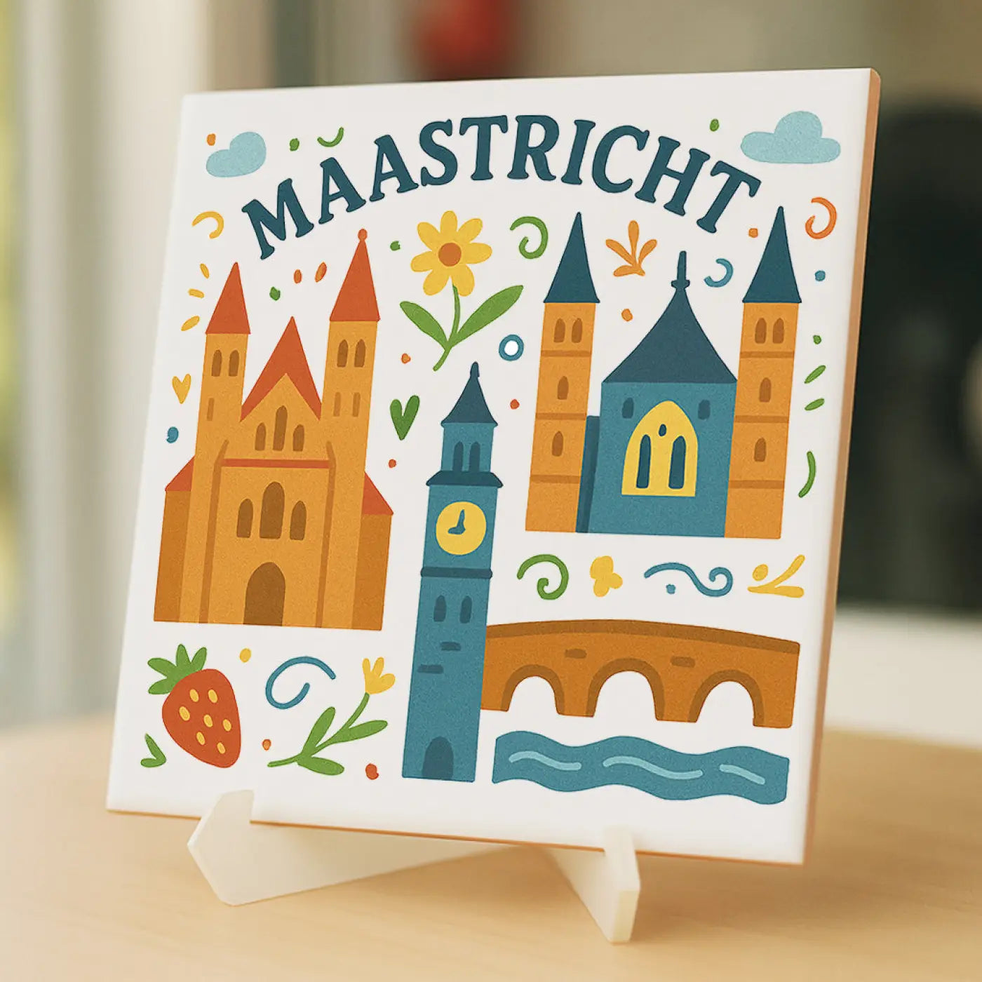 Kleurrijk geïllustreerd maastricht cadeau tegeltje met gebouwen, aardbei, bloemen en wolken in oranje, blauw, geel en groen