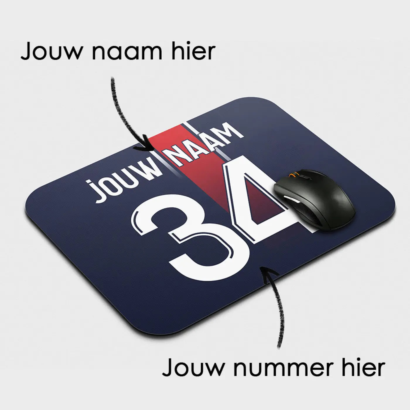Customizable navy blue psg voetbal muismat with bold red and white design and placeholder text for personalization