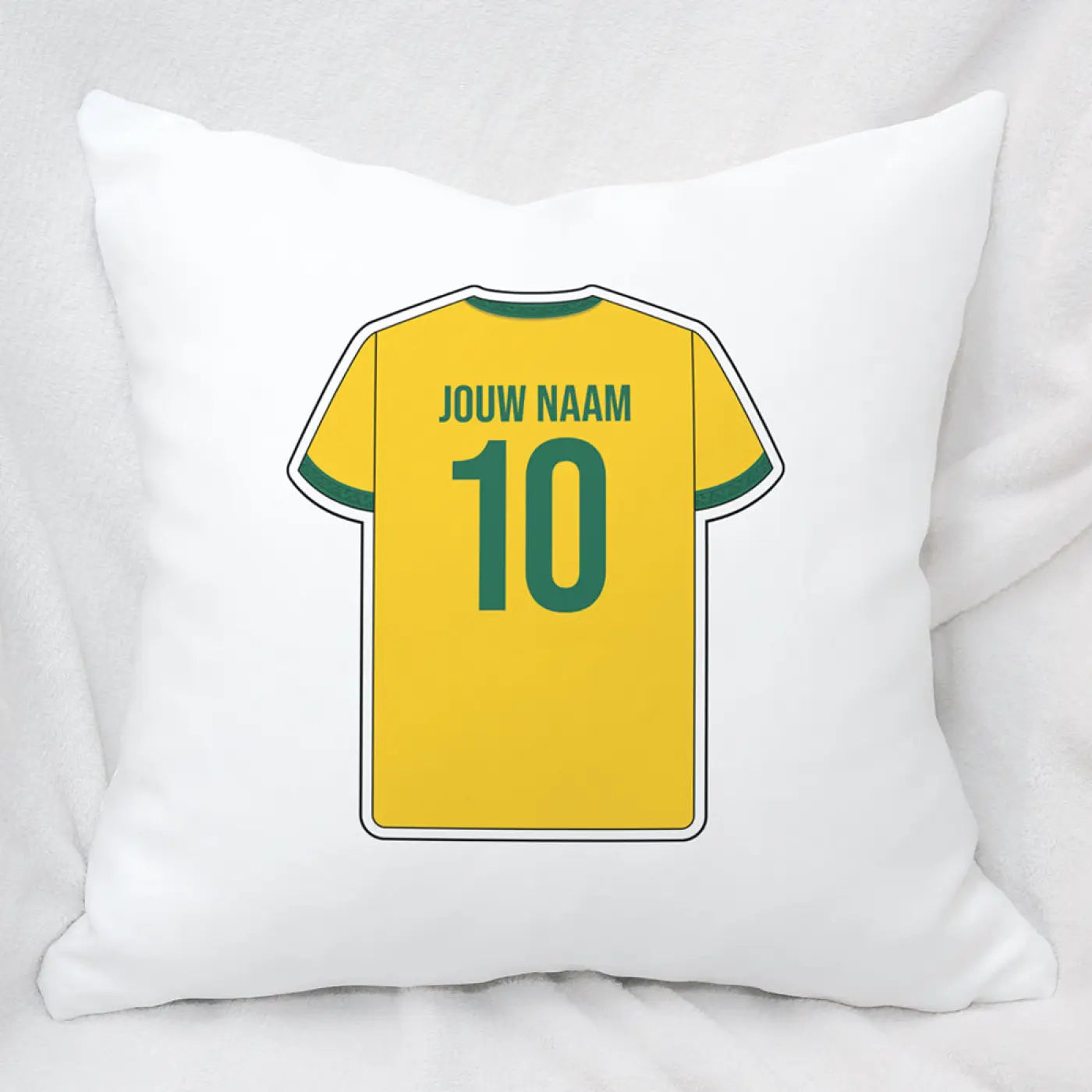 Witte Sittard voetbal kussen met geel groen bedrukt voetbalshirt en tekst jouw naam 10 in groen
