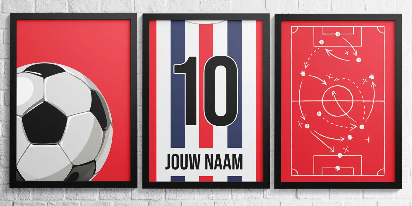 Illustratie van zwart wit voetbal op rode achtergrond in tilburg 3 delige posterset goal collectie