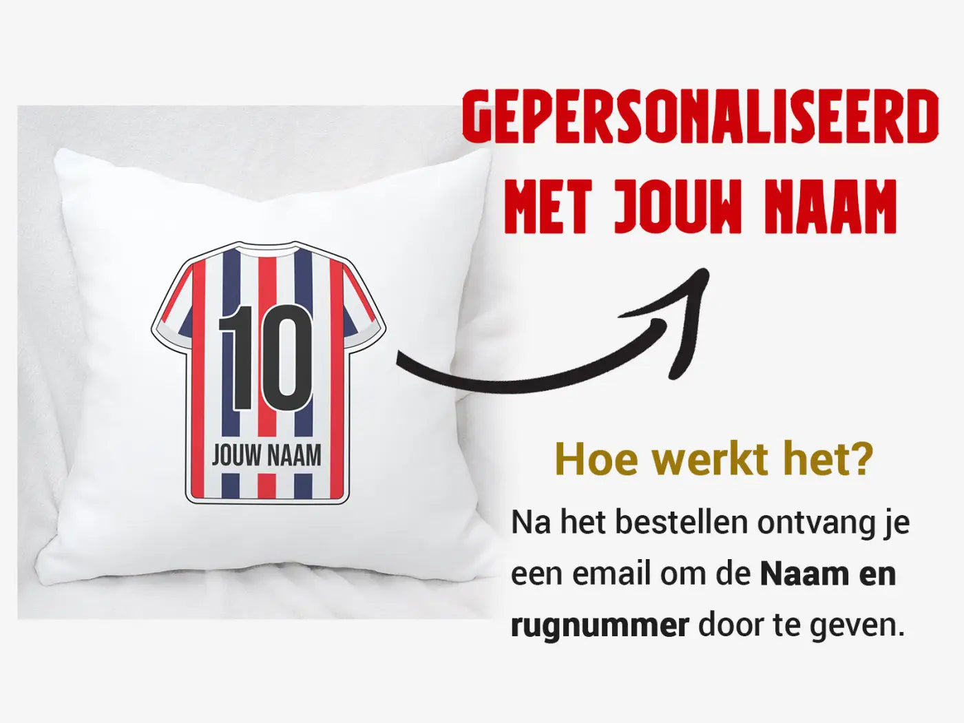 Wit Tilburg voetbal kussen met rood-wit-blauw gestreept shirt nummer 10 en naam optie bedrukt op de kussensloop