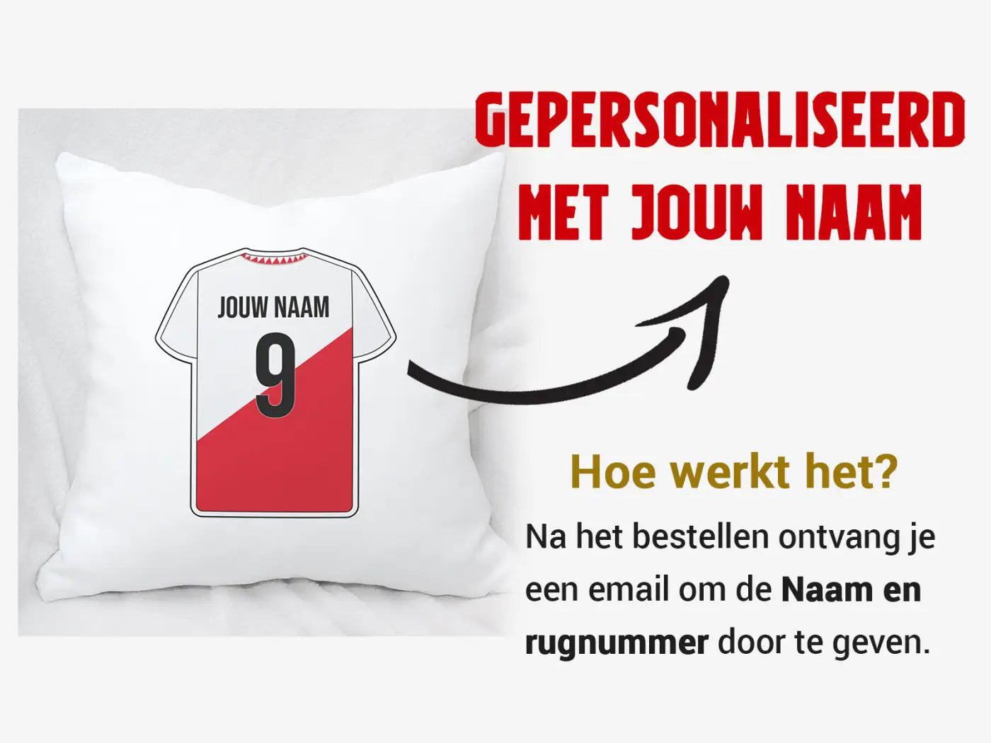 Wit utrecht voetbal kussen met kussensloop en bedrukt rood wit voetbalshirt nummer 9 achterkant met naam jouw naam