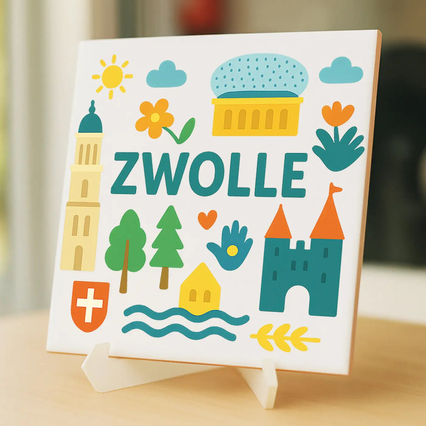 Kleurrijk geïllustreerd cadeau tegeltje zwolle met dikke blauwe letters en cartoon iconen van gebouwen en natuur