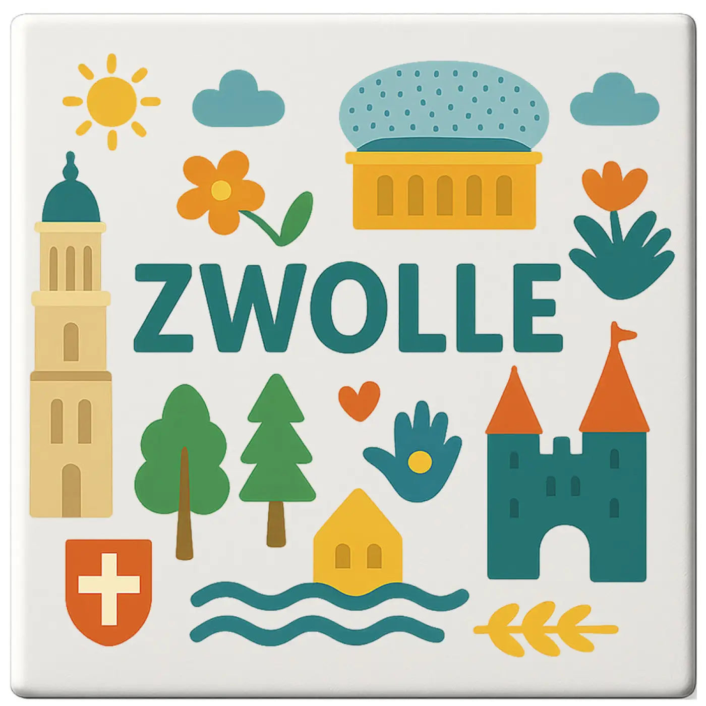 Een vierkante keramische onderzetter met een kleurrijk geïllustreerd ontwerp van de stad zwolle in blauw, groen, geel en oranje