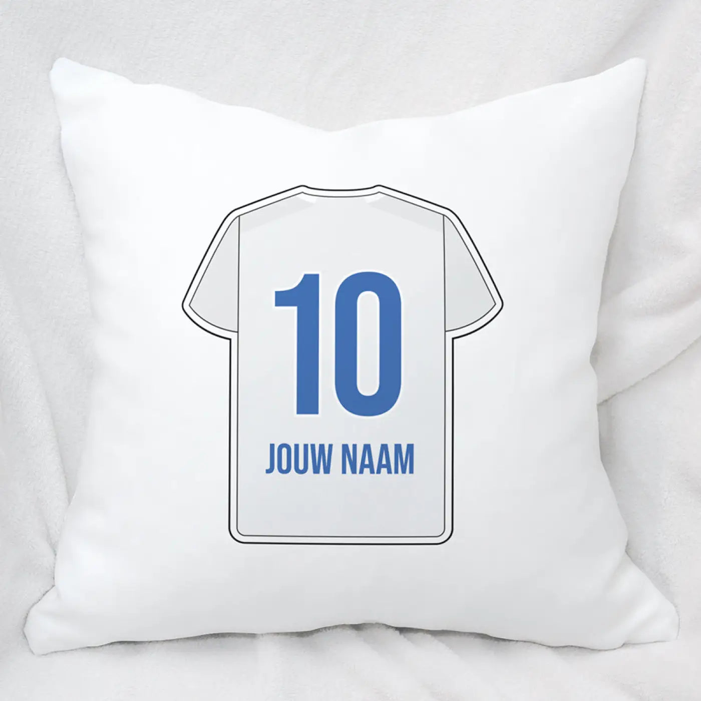 Wit Zwolle voetbal kussen met minimalistische voetbalshirtprint nummer 10 en blauwe placeholder tekst