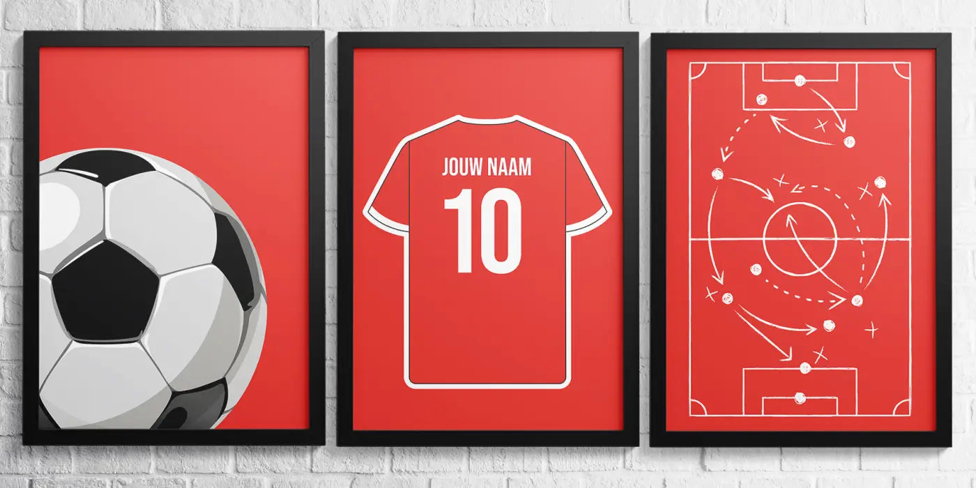 Alkmaar 3-delige posterset star collection met rood omlijnde voetbalkunst prints en persoonlijke witte jersey nummer 10