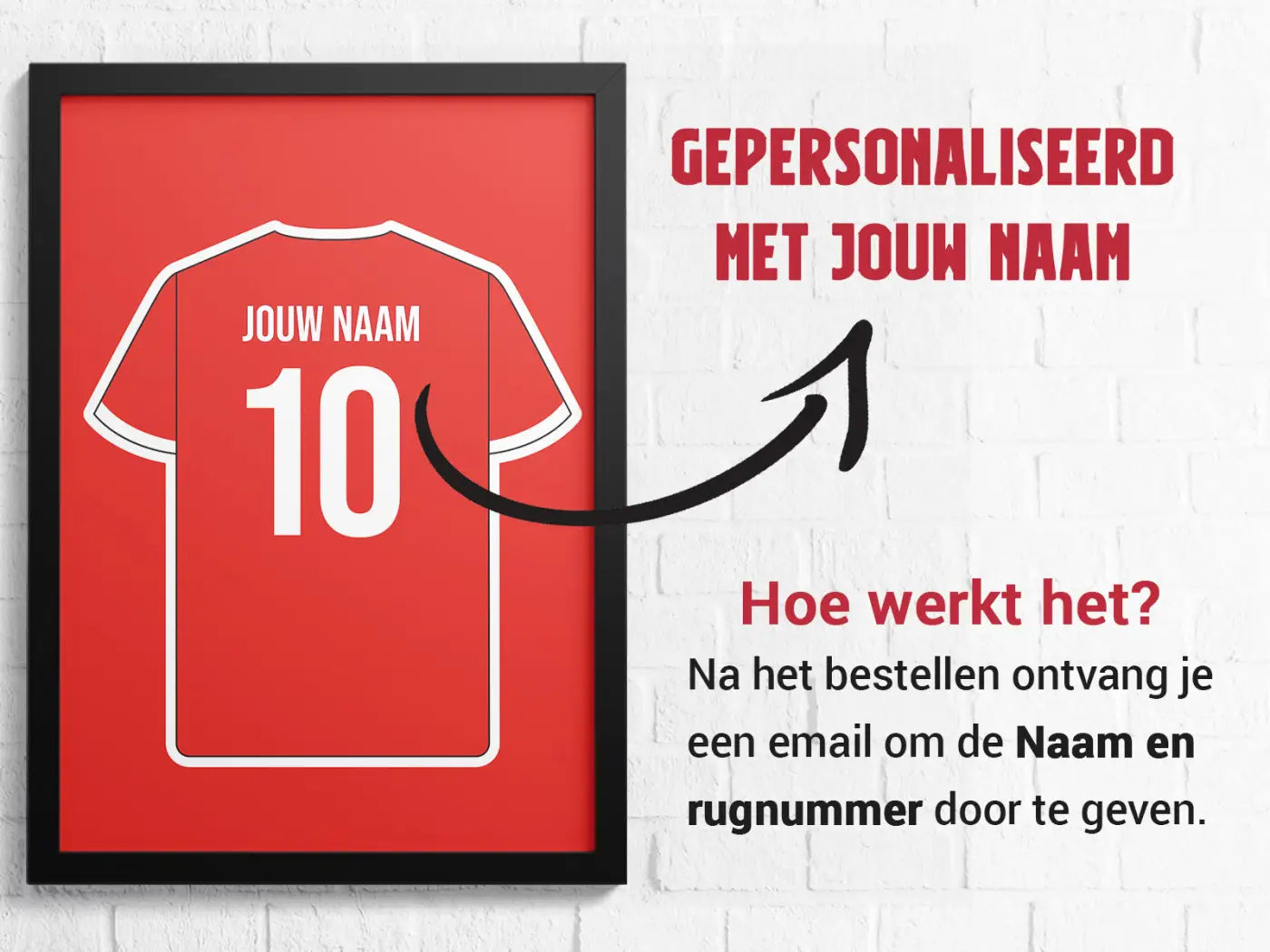 Roodgeramd poster met witte omtrek van een voetbalshirt nummer 10 en jouw naam personalisatie alkmaar 3-delige posterset