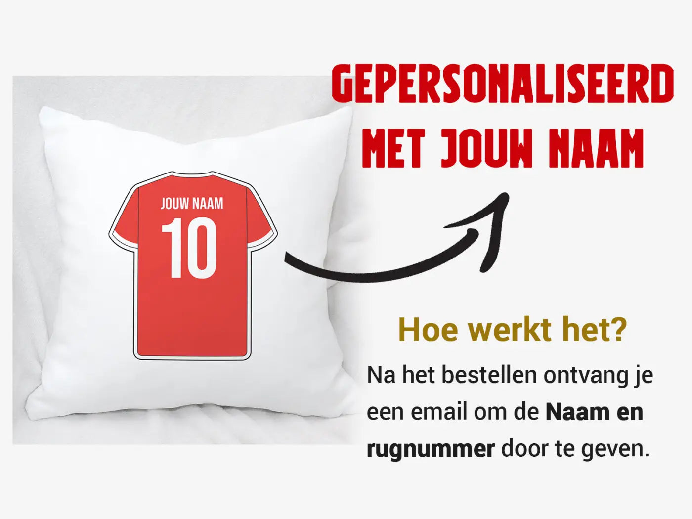 Wit alkmaar voetbal kussen met rode geprinte voetbalshirt achterkant met nummer 10 en jouw naam tekst