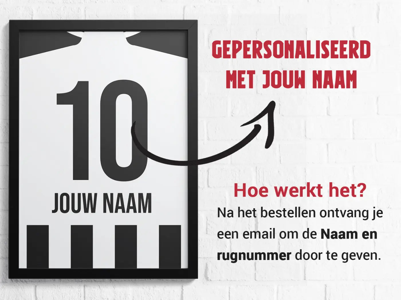 Zwart ingelijste poster met witte voetbaltshirt ontwerp en zwart nummer 10 in almelo 3-delige posterset goal collection