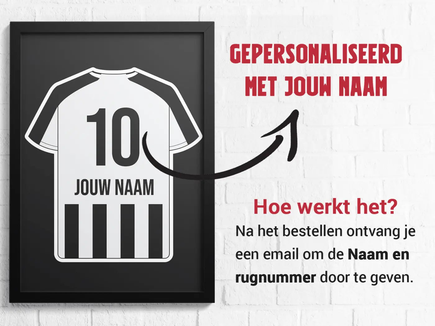 Zwart ingelijste poster met een wit zwart gestreept voetbalshirt nummer 10 uit de almelo 3-delige posterset star collection
