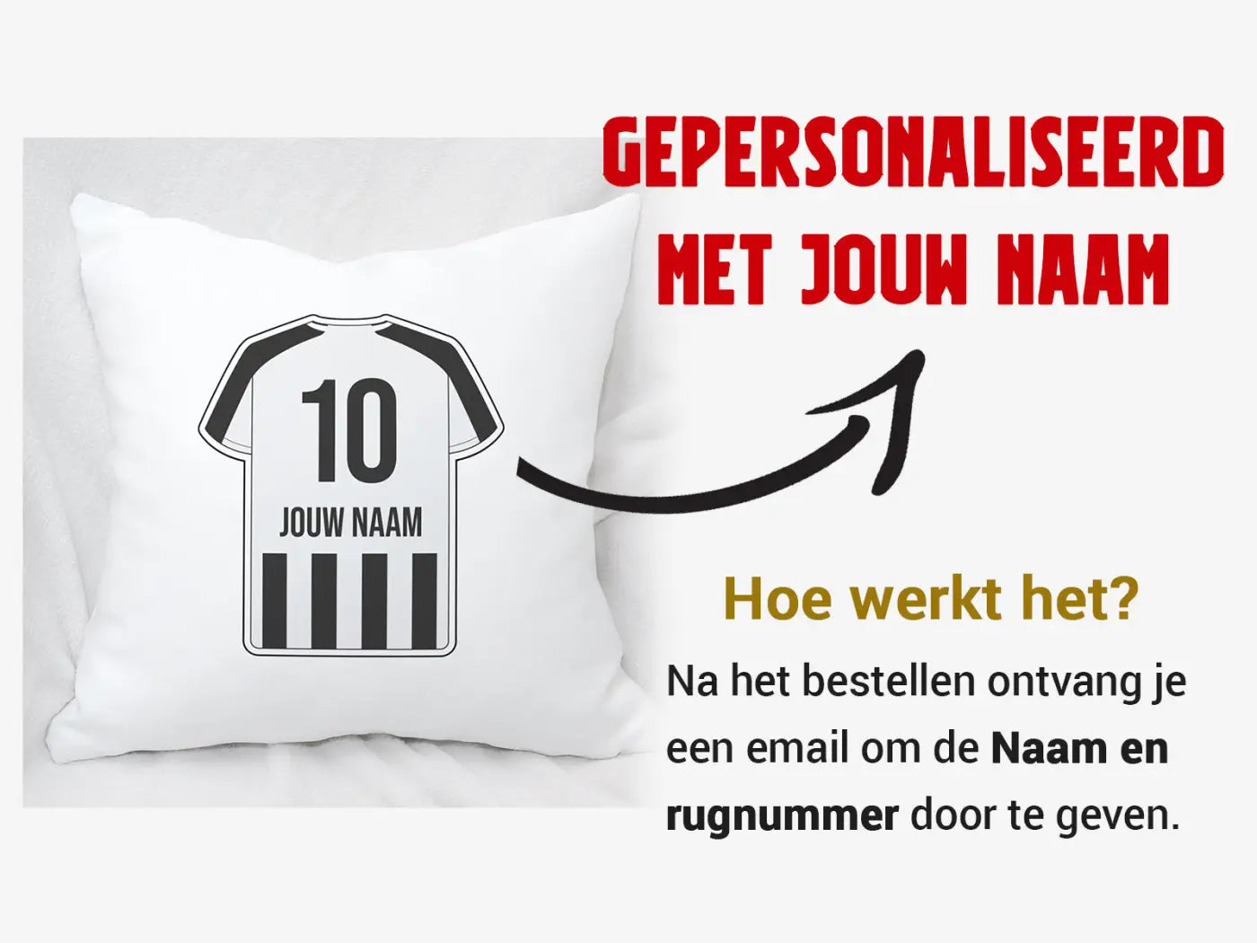 Wit kussen met zwart-wit voetbalshirt ontwerp nummer 10 en tekst jouw naam voor personalisatie almelo voetbal kussen