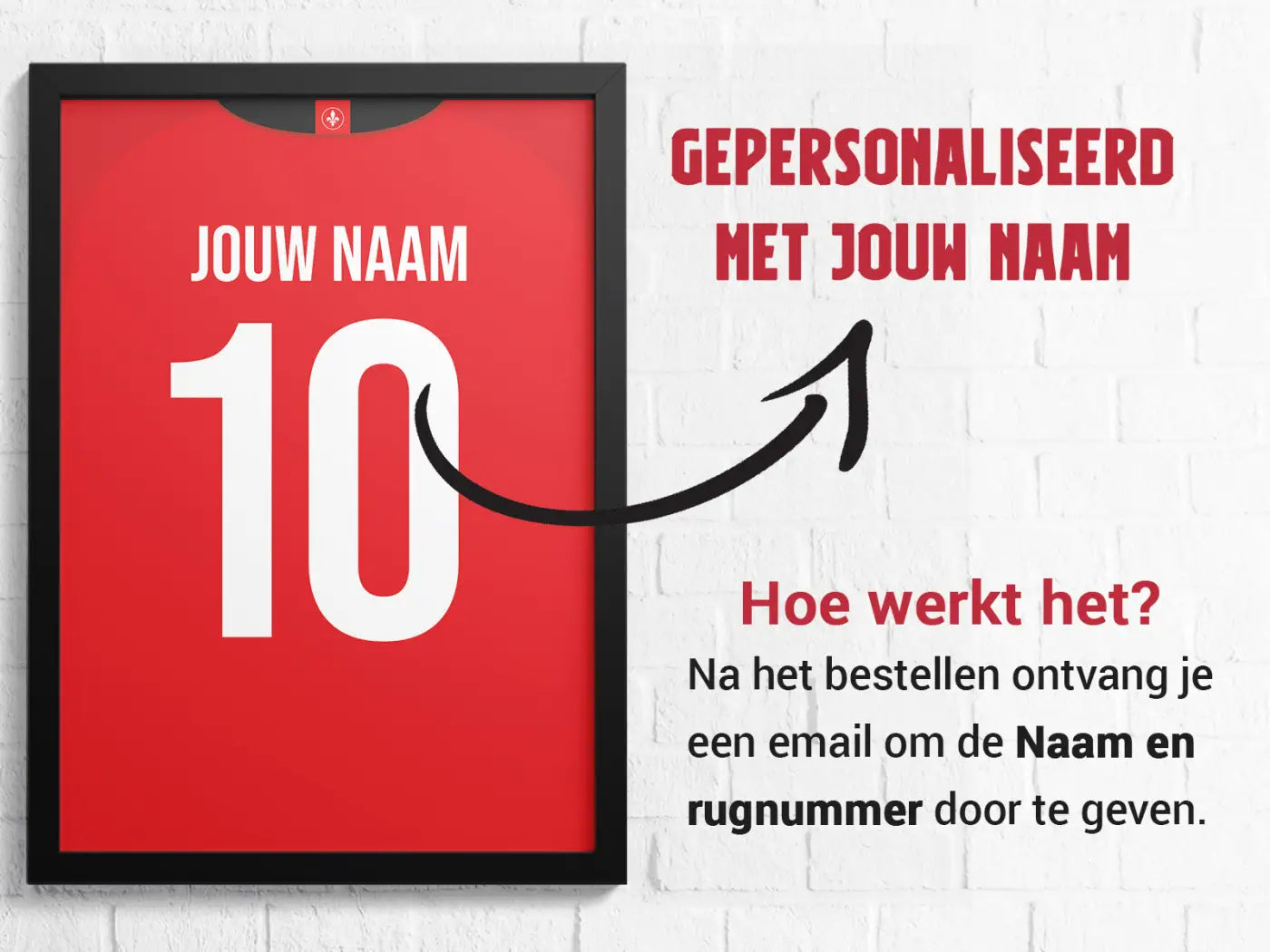 Roodgeramd poster met gepersonaliseerd voetbalshirt ontwerp nummer 10 in witte vetgedrukte letters uit almere 3-delige posterset goal collection