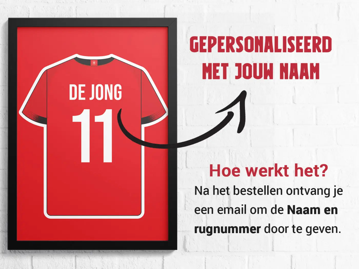 Rood omlijnde poster van de achterkant van een wit omrande voetbalshirt met de naam de jong en nummer 11 in de almere star collectie