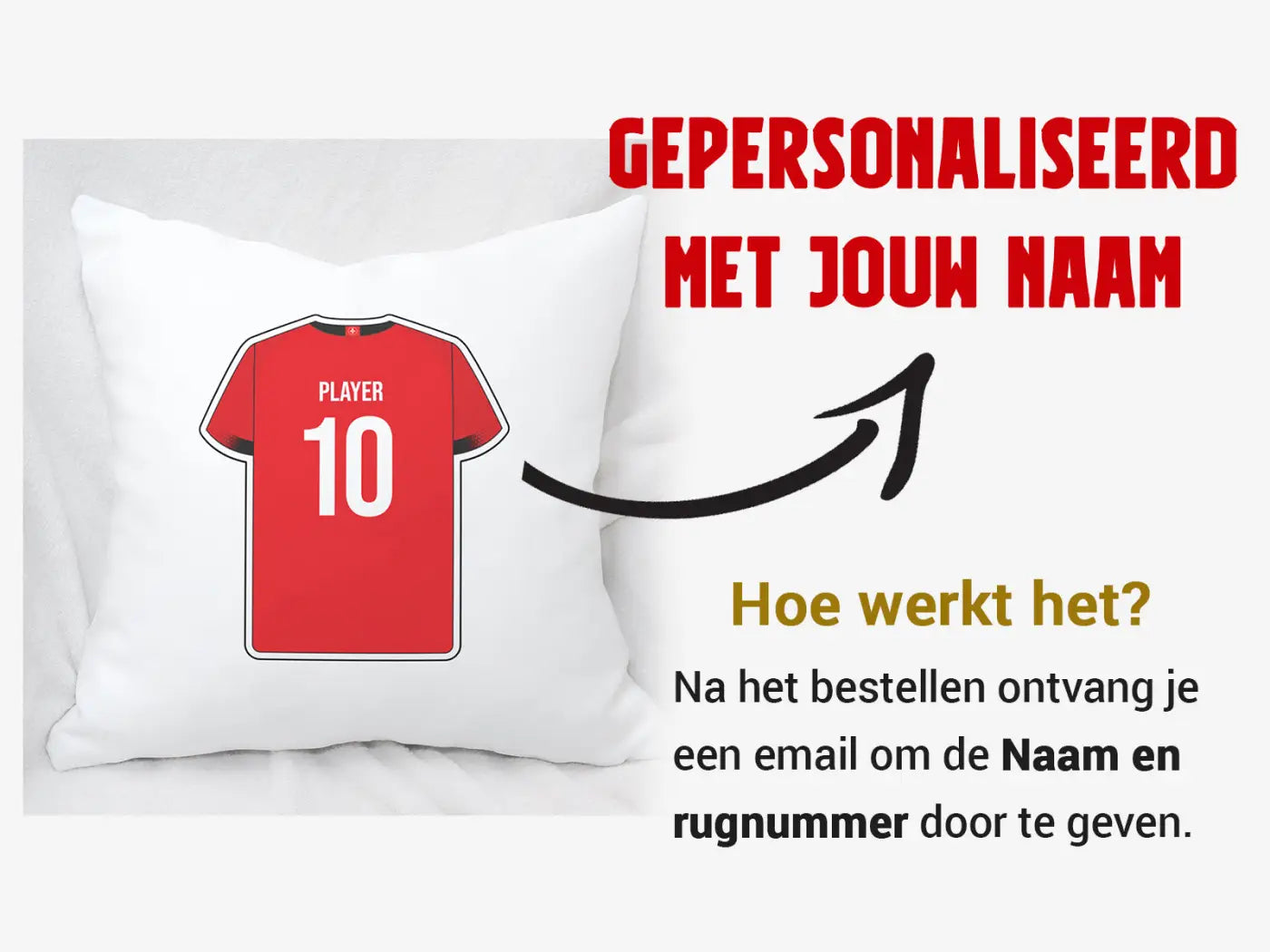 Witte kussen met bedrukt rood voetbalshirt en speler 10 tekst voor almere voetbal kussen en kussensloop