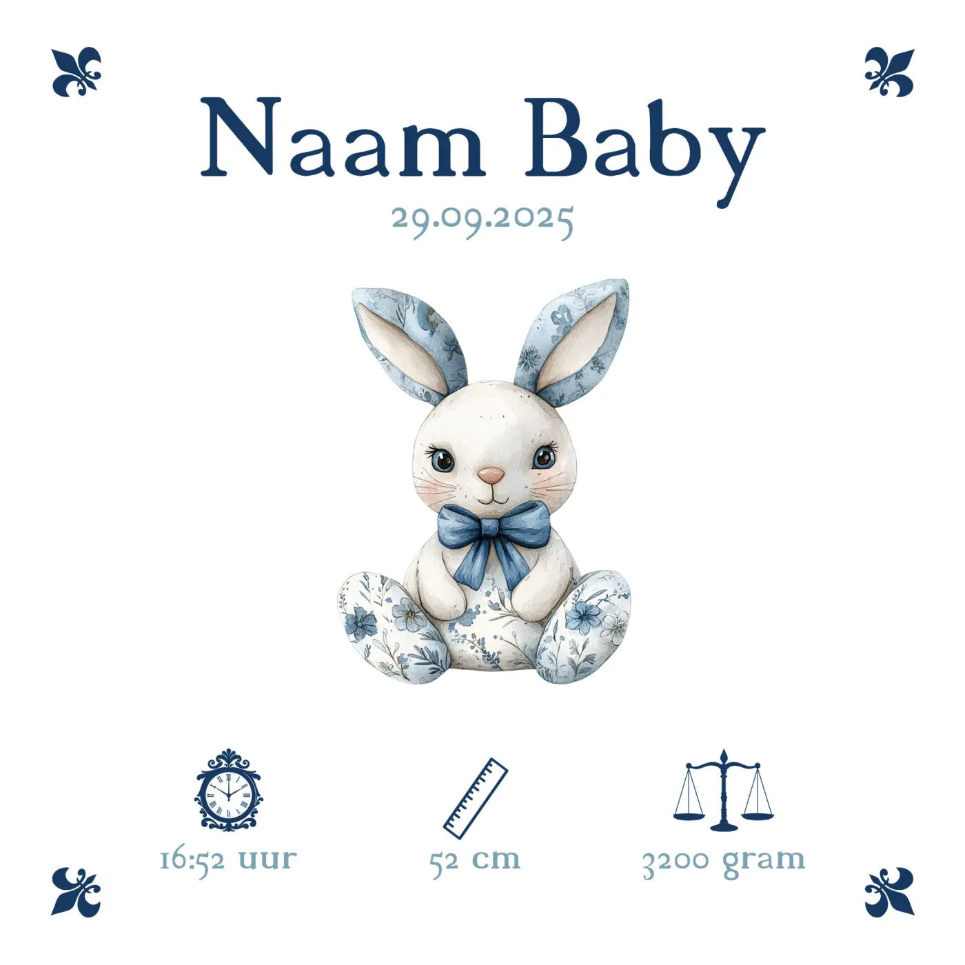 Een charmante baby tegel met een wit konijntje in blauw bloemenpatroon en bijpassend strikje