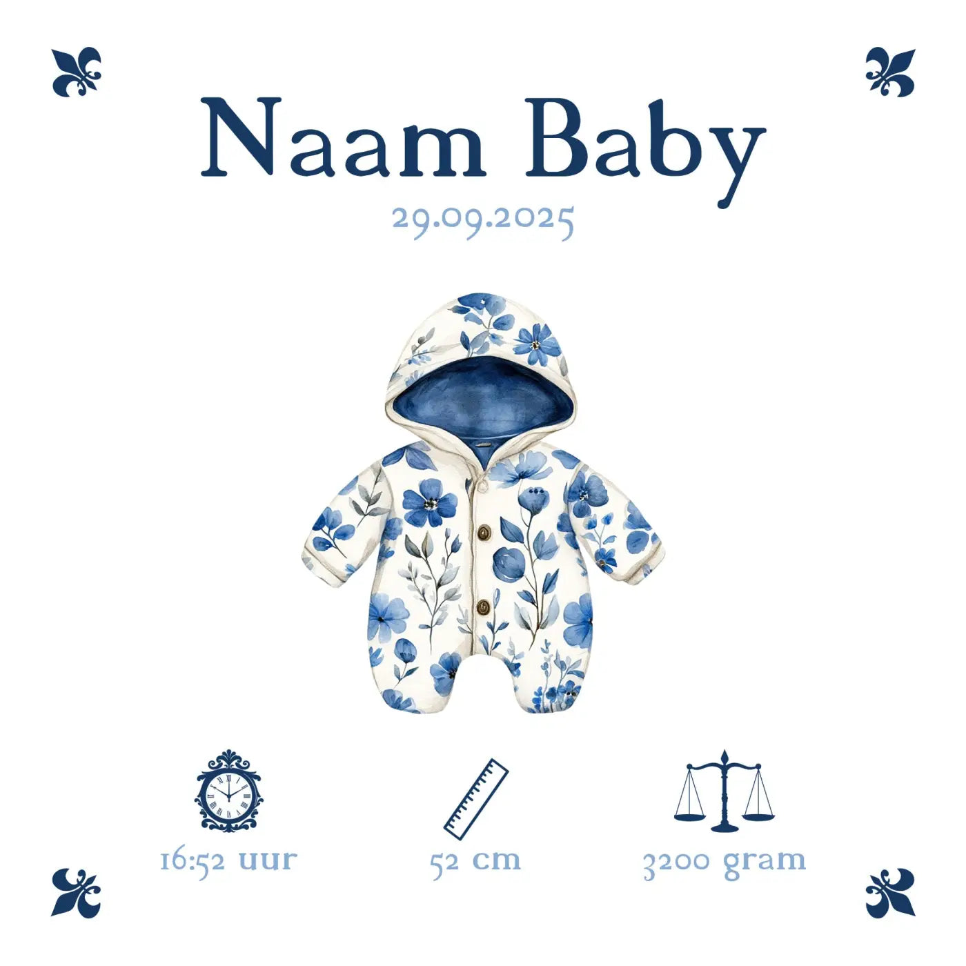 Baby tegeltje blauw rompertje met capuchon en knoopsluiting in blauw wit bloemenpatroon