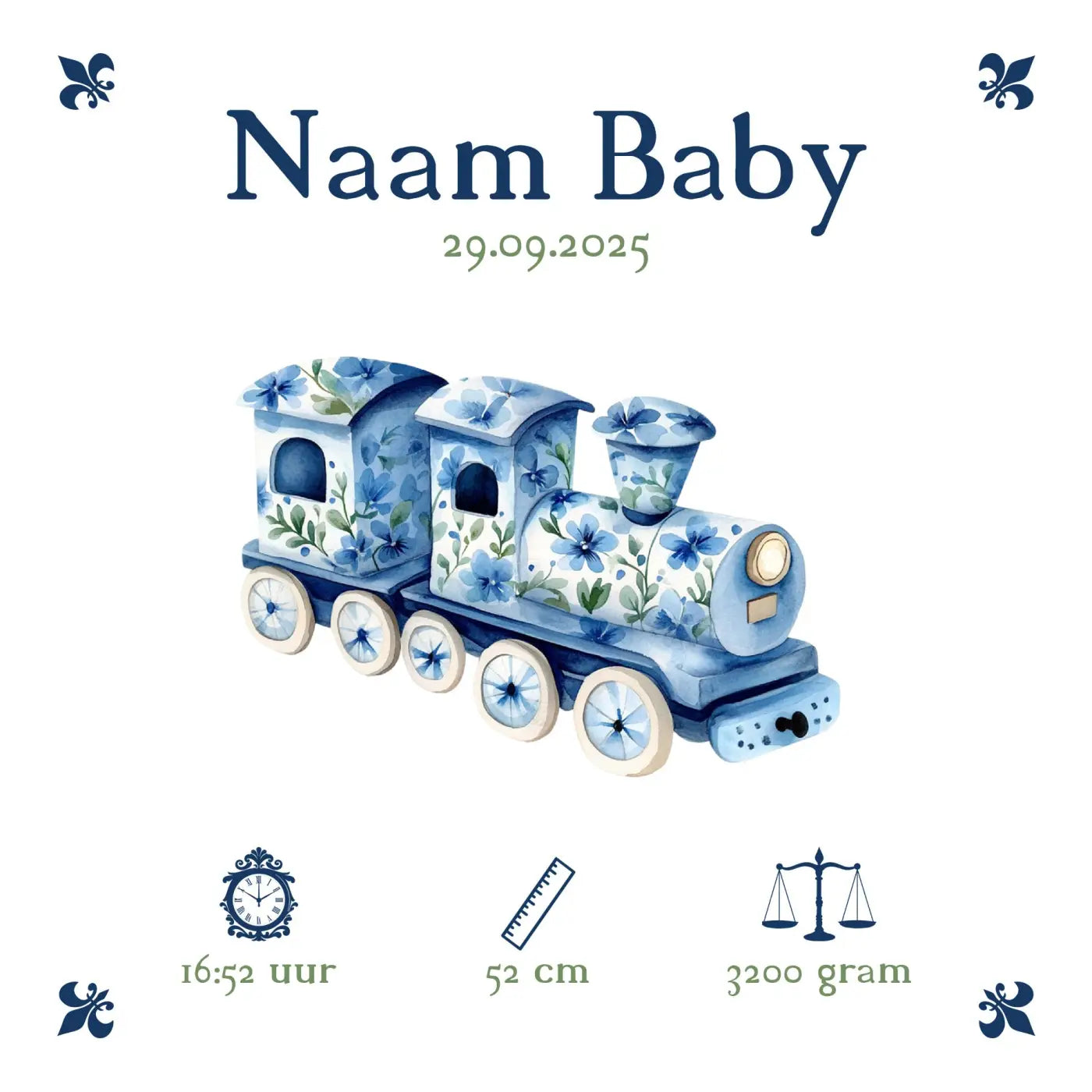 A charmant blauw baby tegeltje met een speelgoedtrein met bloemenpatroon witte wielen en gouden koplamp