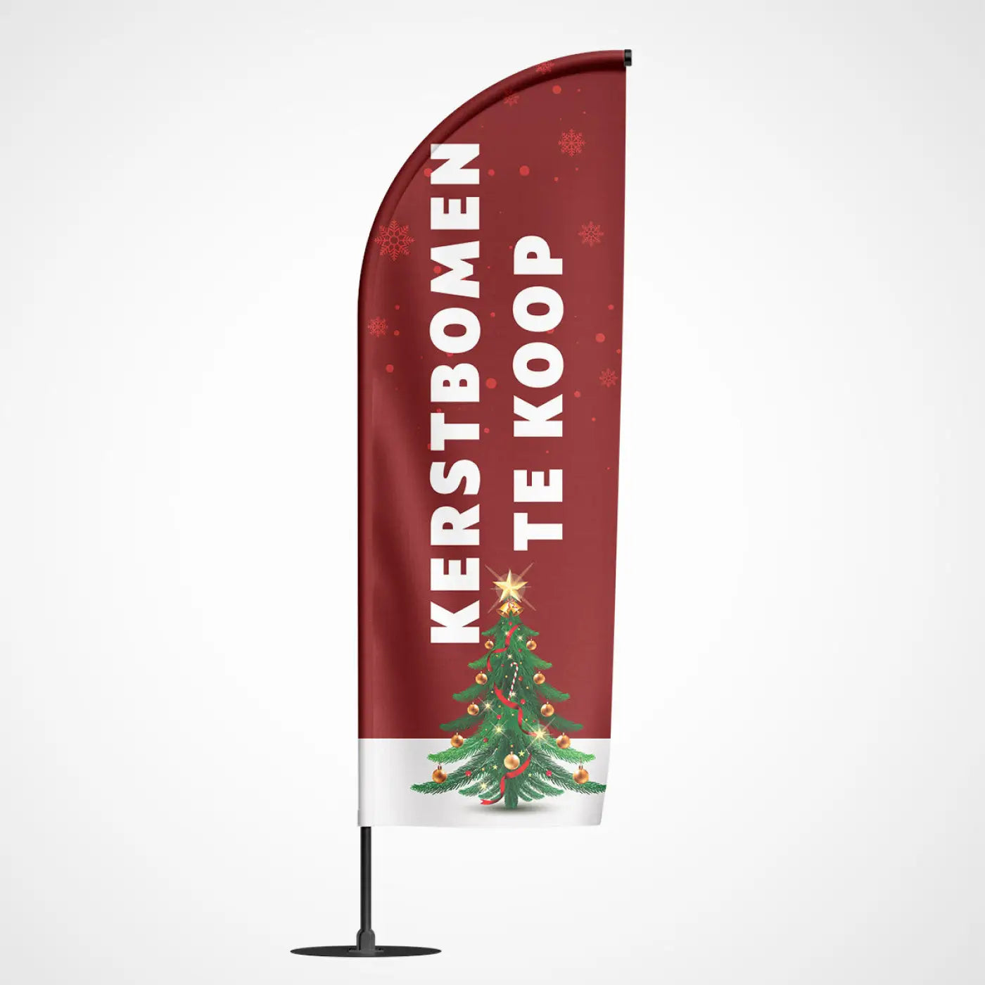 A festive red and white polyester beachvlag kerstbomen with christmas tree design and bold kerstbomen te koop text