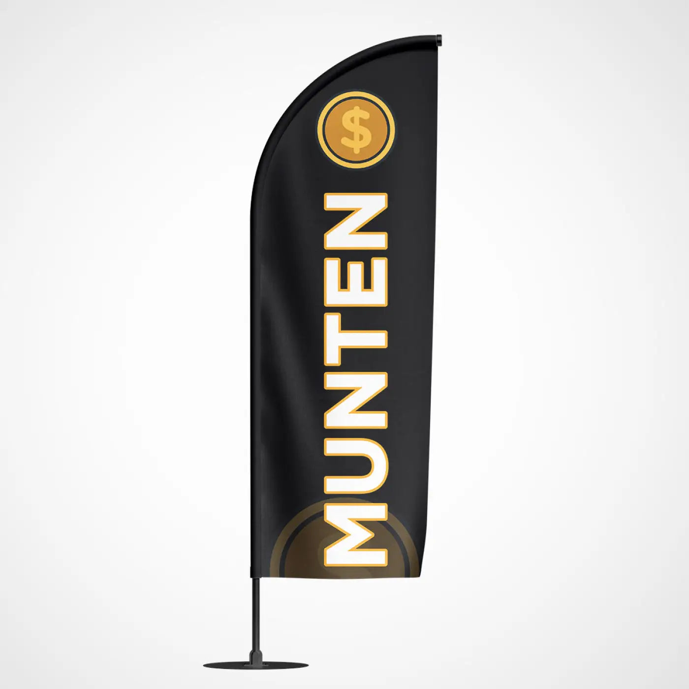 Black beachvlag munten met gouden dollarteken en witte munten tekst voor promotie en evenementen