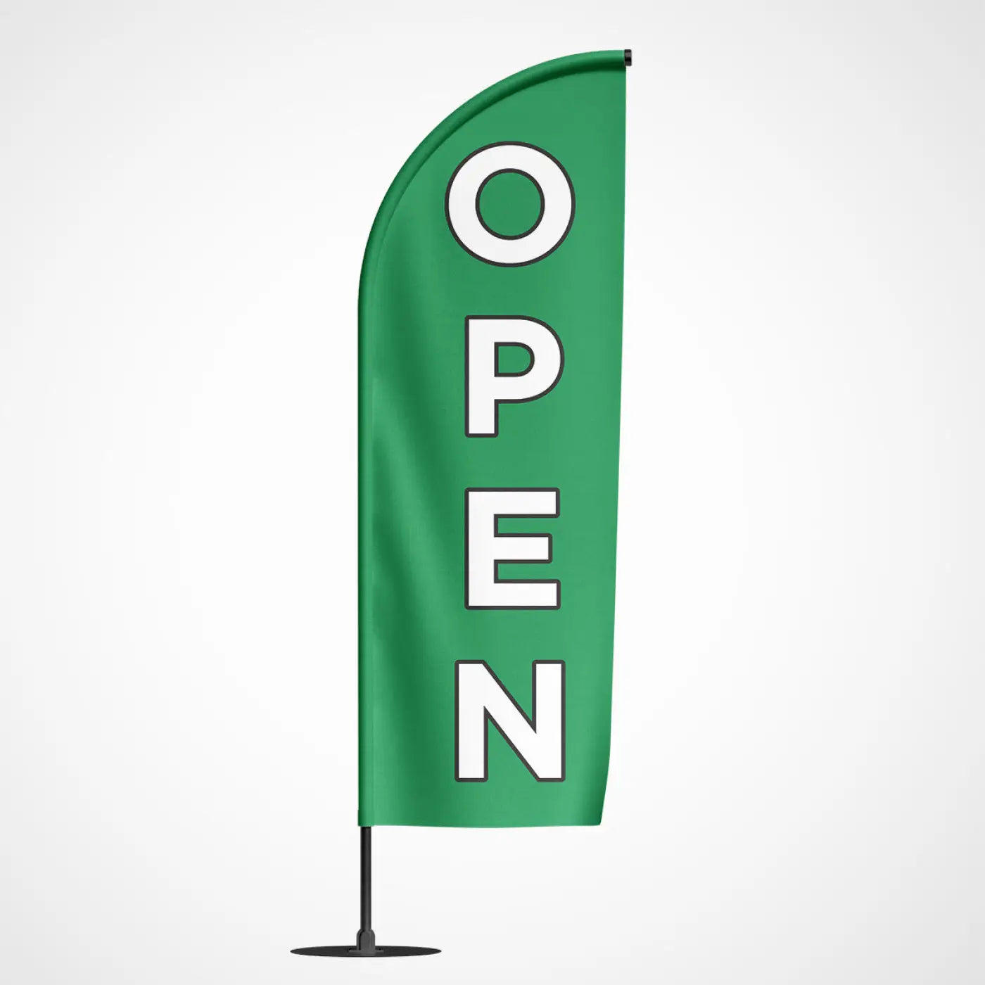 Groene beachvlag open met witte open letters geschikt voor reclame en buitengebruik
