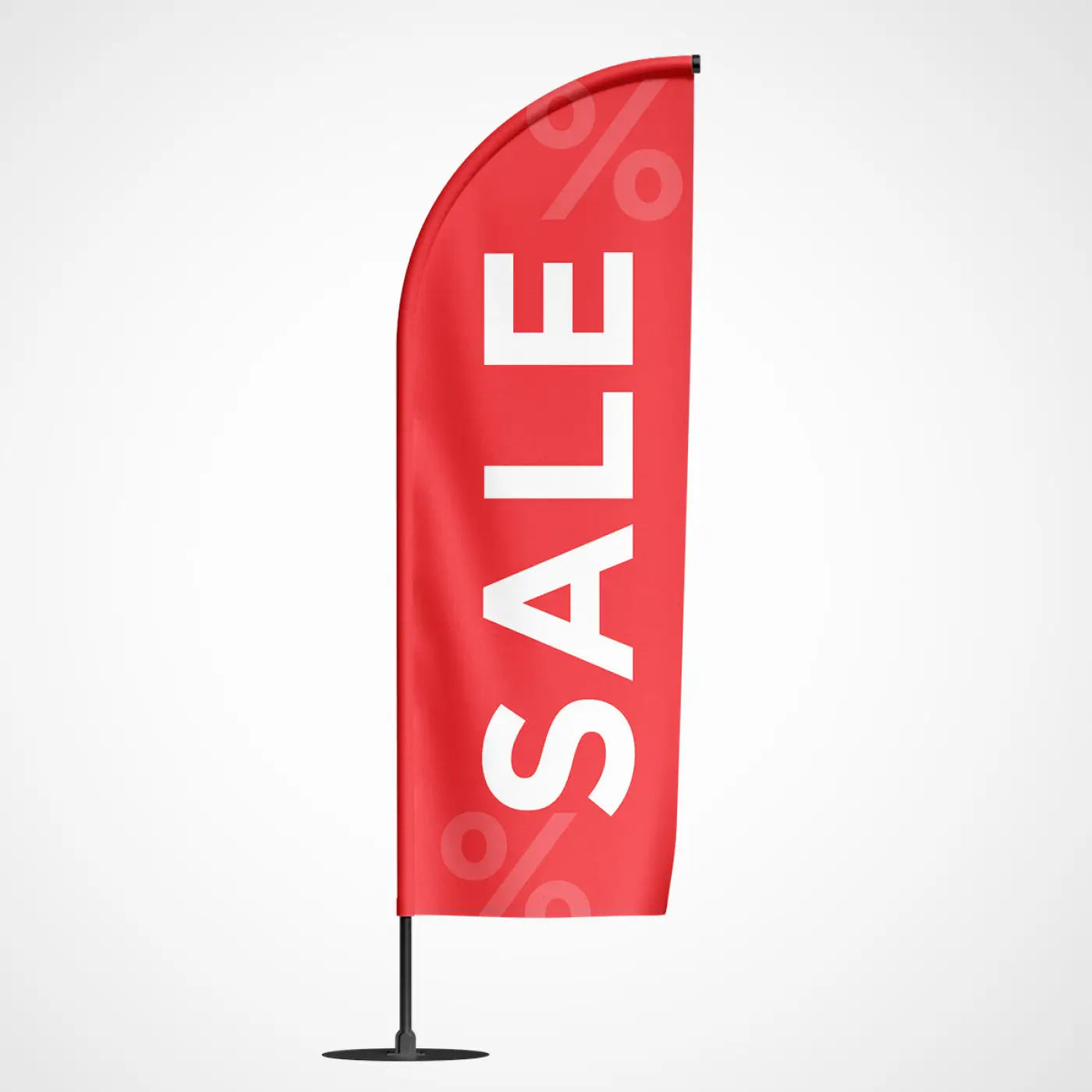 Rode beachvlag sale met witte opvallende letters en subtiele procenttekens voor promoties bij evenementen