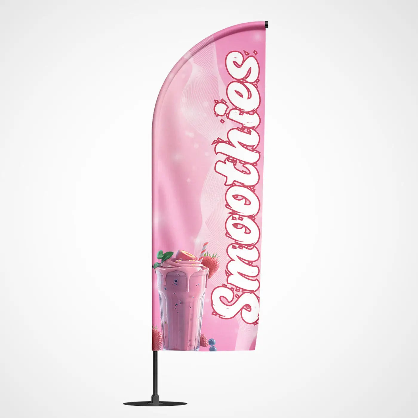 Roze beachvlag smoothies met witte cursieve letters en afbeelding van aardbeien smoothie voor promotie