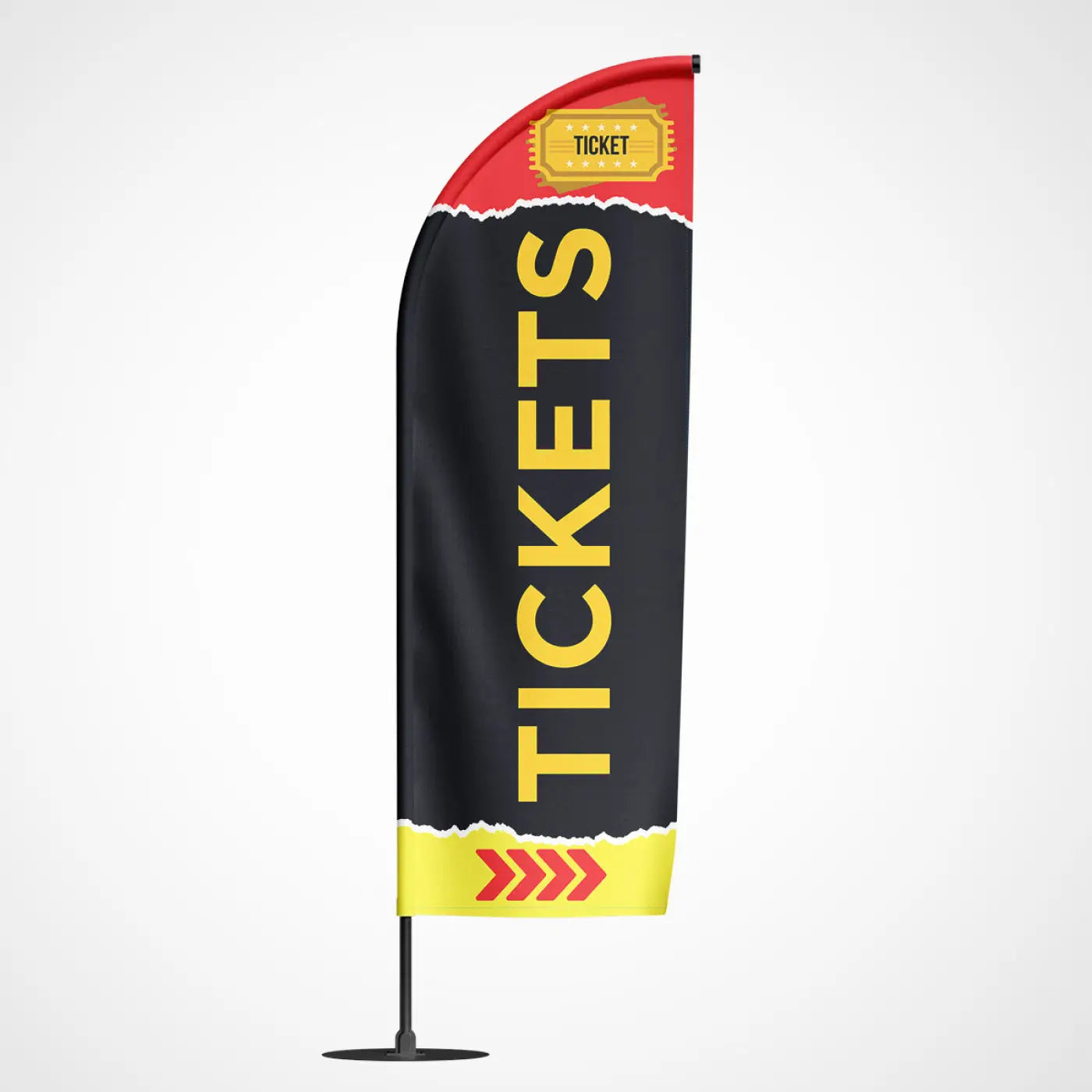 Een zwarte beachvlag tickets met geel opdruk en roodgele tickets accenten voor event promotie