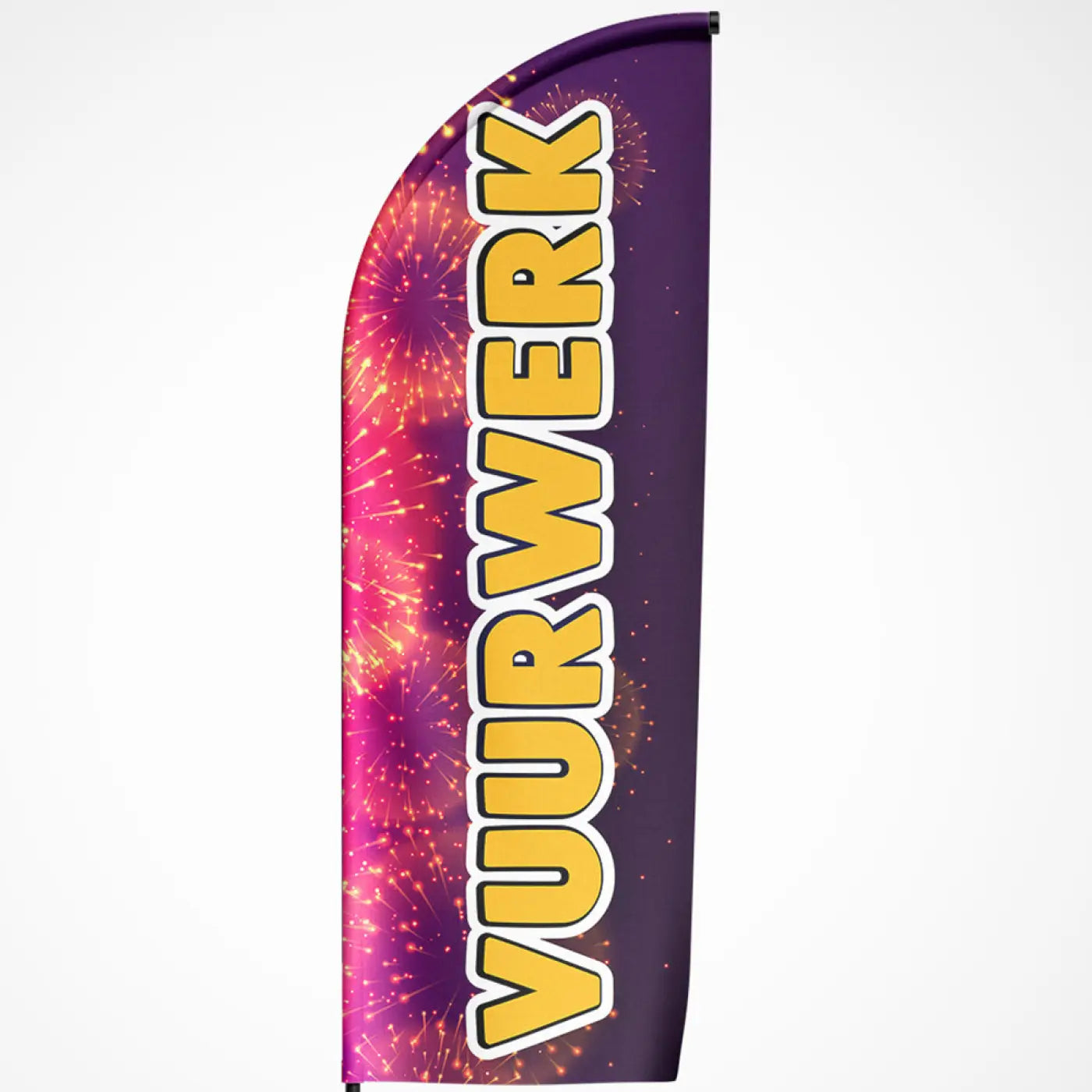 Paarse beachvlag vuurwerk met opvallende gele letters en levendig vuurwerkdesign voor promotiegebruik