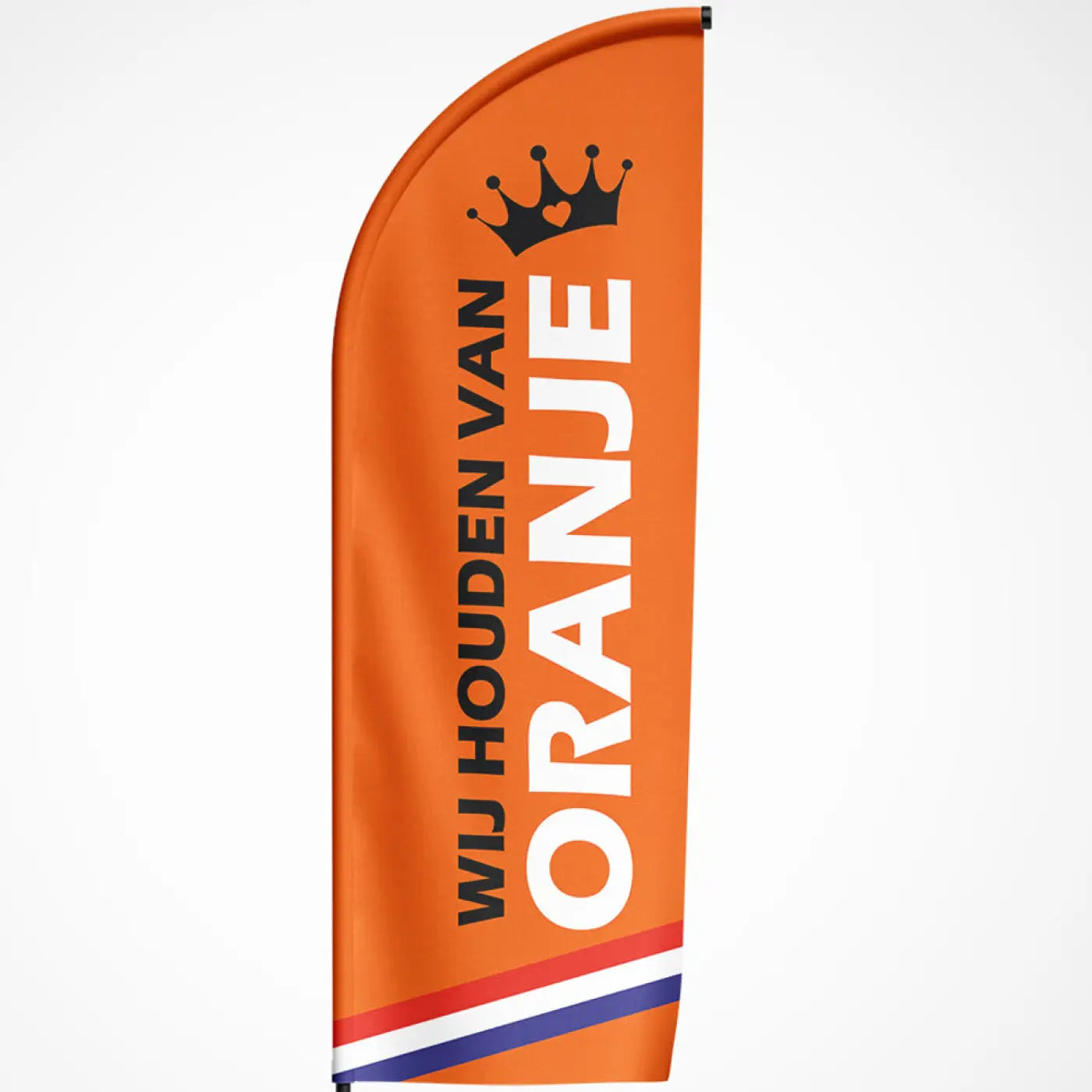 Oranje beachvlag met zwart kroonsymbool en witte tekst wij houden van oranje met rood wit blauwe strepen