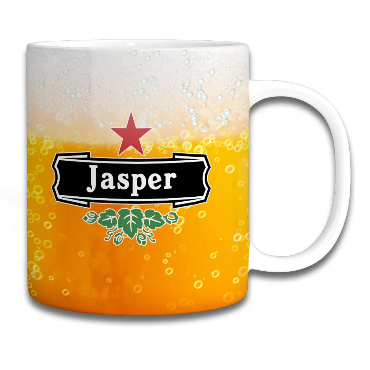 Witte keramische biermok met naam jasper en kleurrijk bierthema met gouden bier en schuim onder rood sterlogo