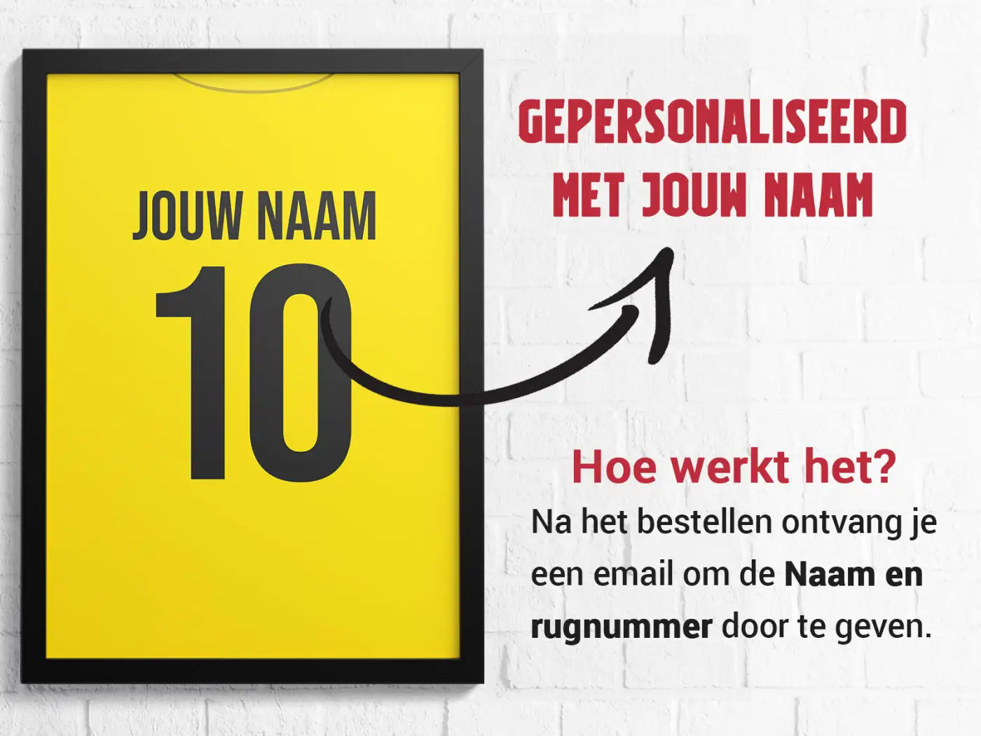 Heldergele poster met zwart tekst kader jouw naam 10 en pijl naar gepersonaliseerd met jouw naam in breda 3-delige posterset