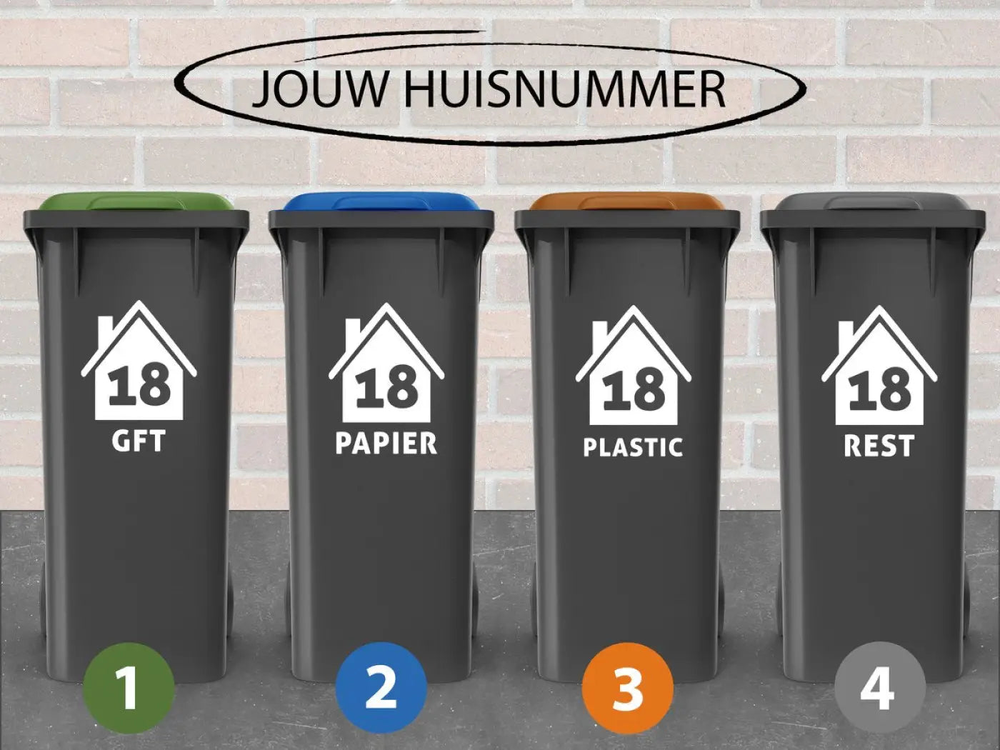 Container Stickers - 4 stuks - Huisjes met tekst - Gft, Papier, Plastic, rest - 15 x 20 cm - Kleurmedia Container Stickers - 4 stuks - Huisjes met tekst - Gft, Papier, Plastic, rest - 15 x 20 cm Containerstickers