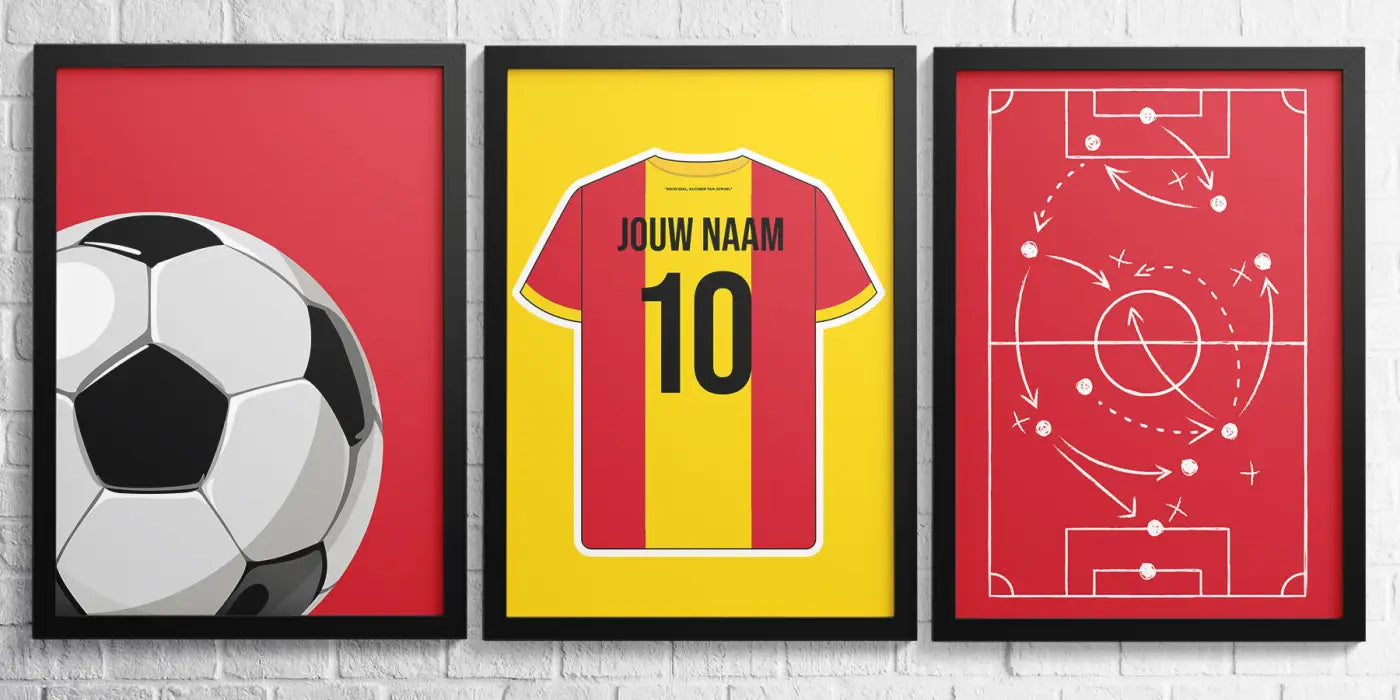 Deventer 3-delige posterset star collection met rode en gele gestreepte voetbalshirt achterkant met zwart nummer 10 en jouw naam