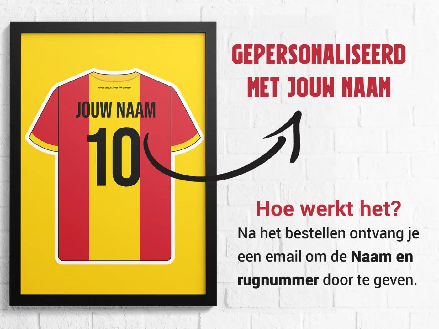 Een ingelijste poster van een gepersonaliseerd rood-geel gestreept voetbalshirt met nummer 10 uit de deventer star collectie