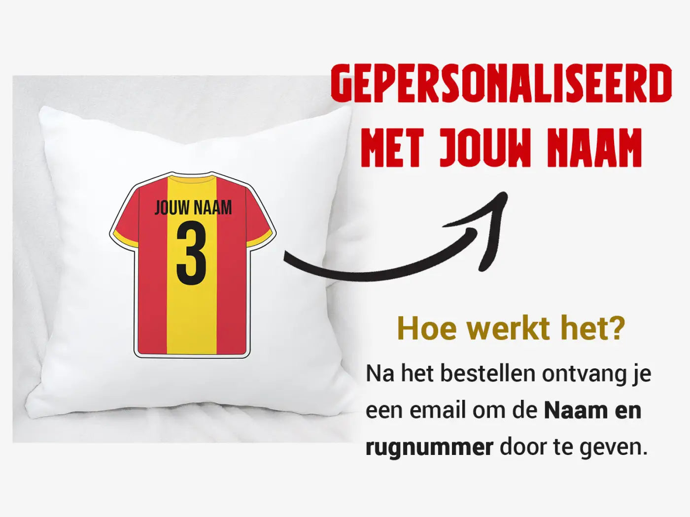 Witte deventer voetbal kussen met kussensloop en bedrukt rood-geel gestreept voetbalshirt nummer 3 achterkant met jouw naam