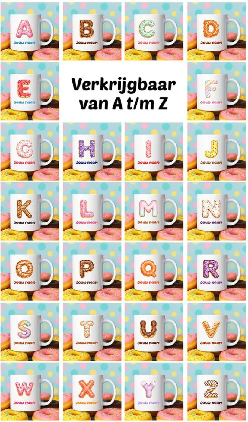 Witte keramische mokken met kleurrijke glinsterende letters van a tot z in speels lettertype donut mok v