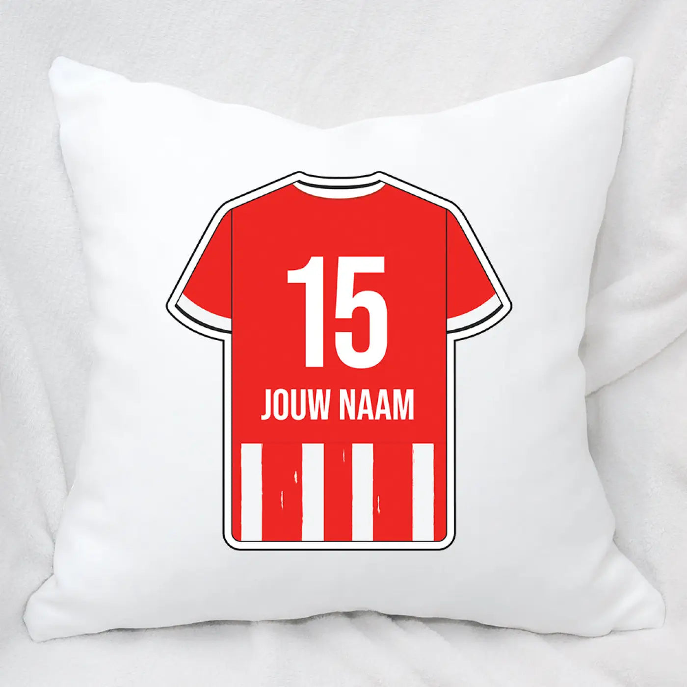 Wit Eindhoven voetbal kussen met rood voetbalshirt ontwerp nummer 15 en jouw naam in witte letters