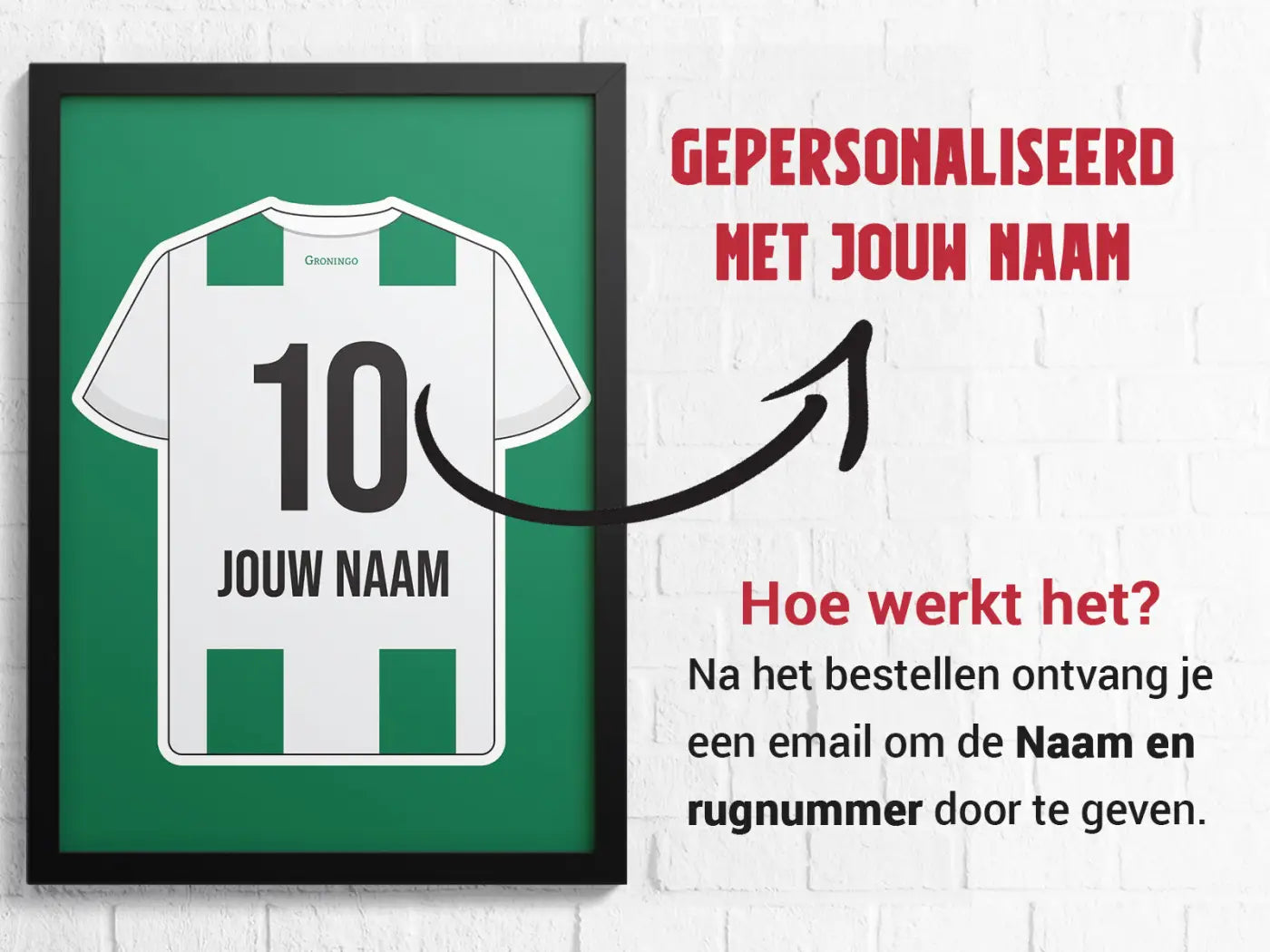 Ingelijste groene en witte voetbalshirtposter met aanpasbare naam en nummer uit de groningen star collectie