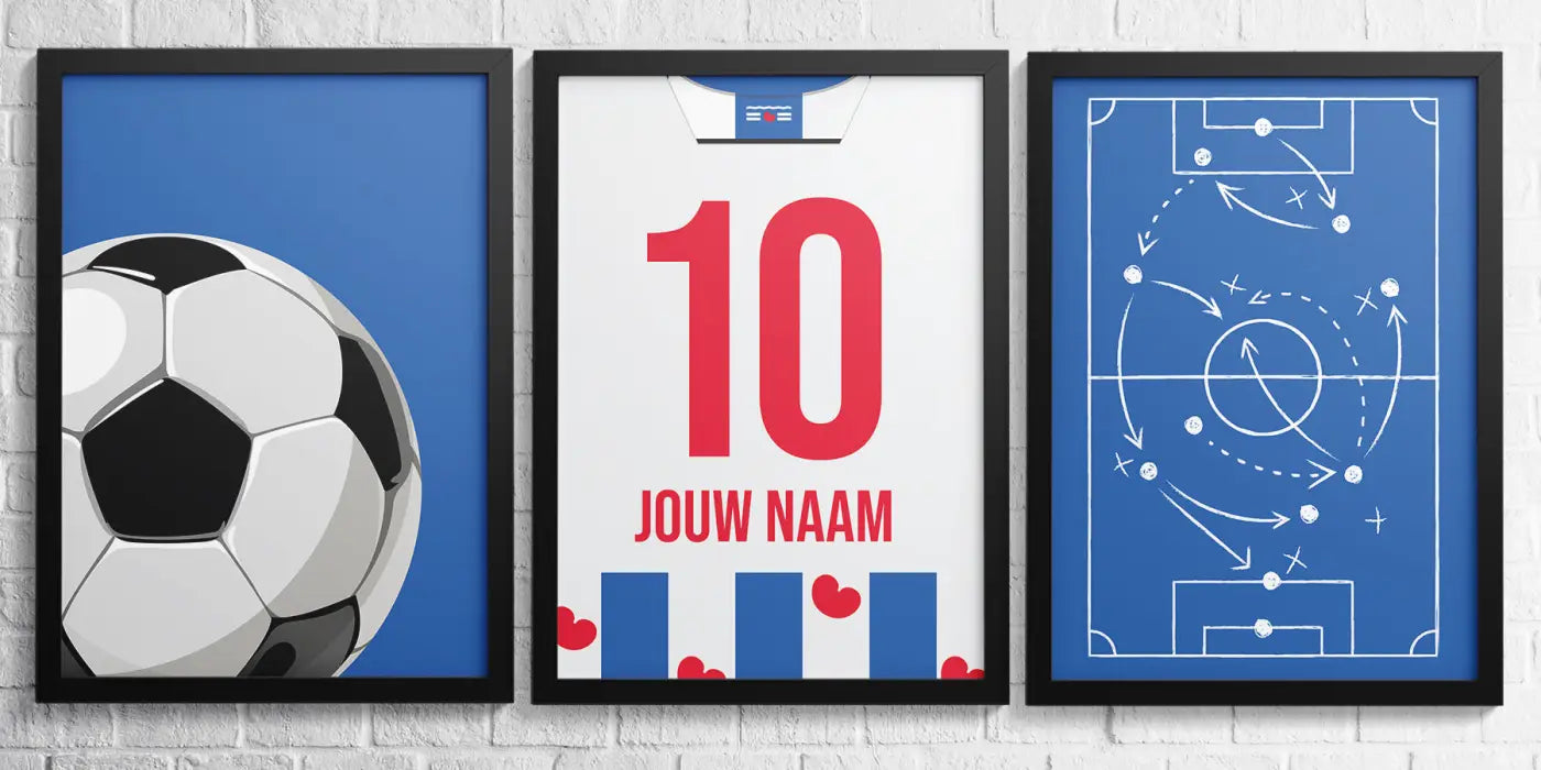 Zwarte en witte voetbalposter met opvallend rood nummer 10 en nederlandse tekst uit heerenveen 3-delige posterset goal collection
