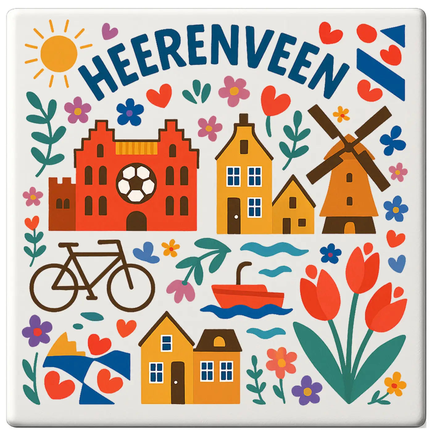 Kleurrijke geïllustreerde tegel met heerenveen tekst, Nederlandse gebouwen, molen en tulpen in levendige kleuren