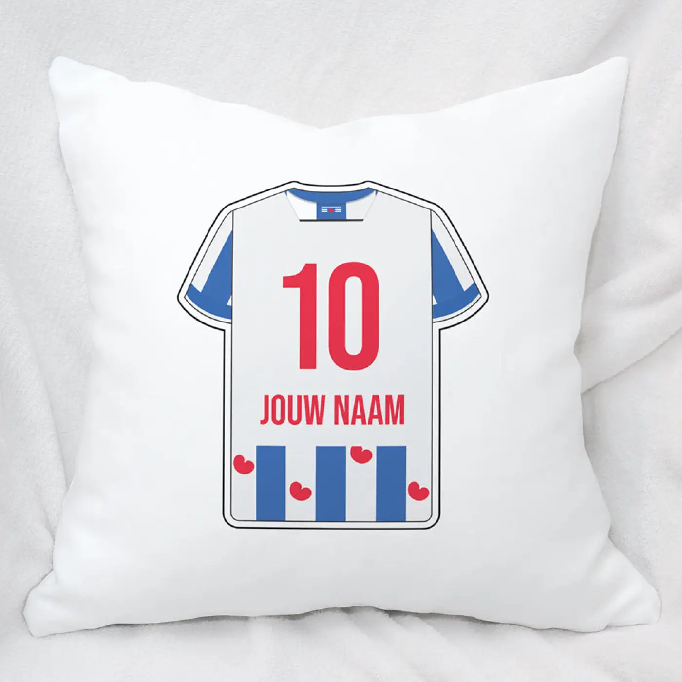 Wit heerenveen voetbal kussen met bedrukt ontwerp van een voetbalshirt nummer 10 en tekst jouw naam in rood