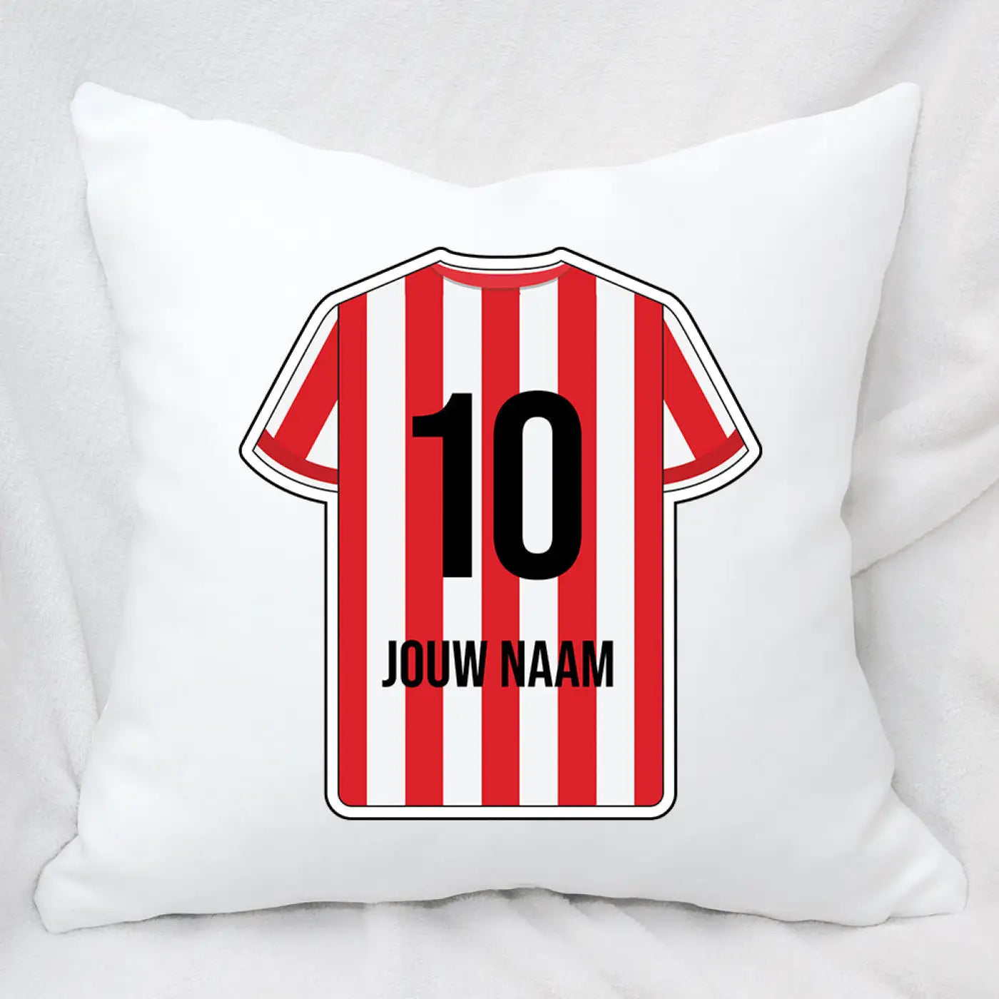Witte kasteel rotterdam voetbal kussen met rood-wit gestreept shirt ontwerp nummer 10 en tekst jouw naam